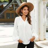 Women drawstring neck lantern Long Sleeve Chiffon Shirt Solid Color Tops Plus Size Blouse Sai Feel